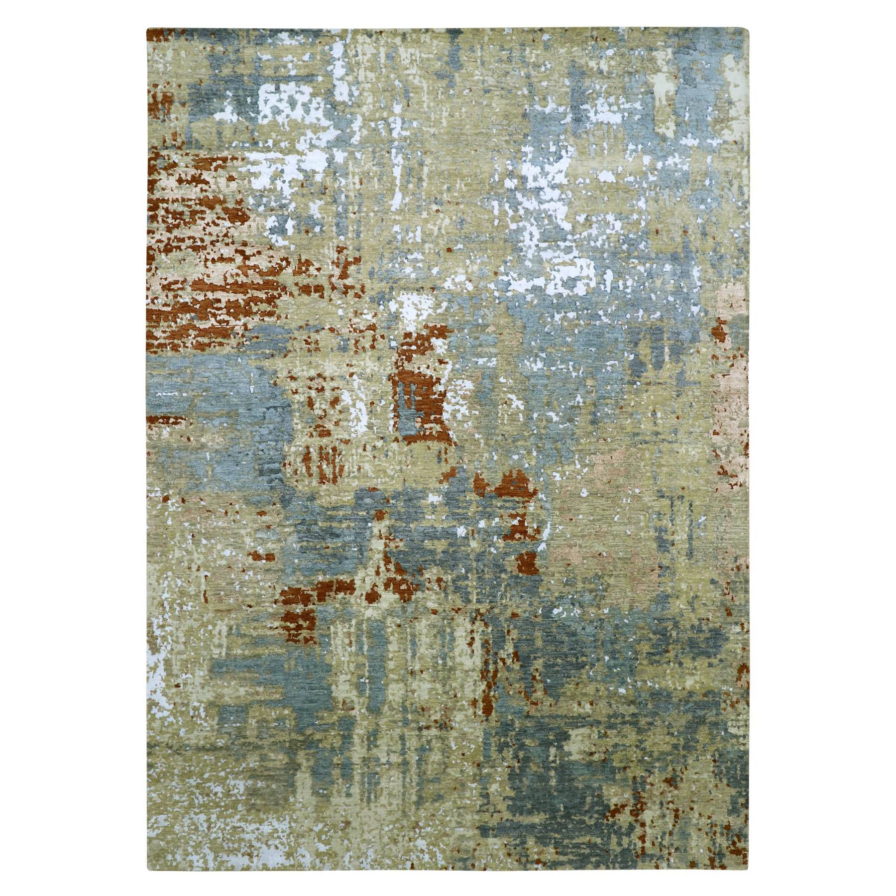 Stone Blue with Beige, Persian Knot, Densely Woven, Abstract with Galaxy Design, 100% Wool, Hand Knotted, Oriental Rug
